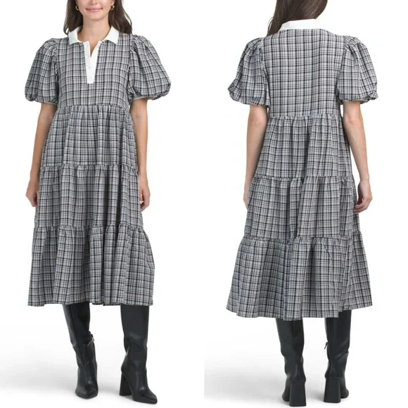 English Factory plaid A-line tiered midi dress - Picture 10 of 10